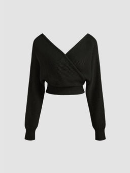 Cider - Knit V-neck Solid Wrap Crop Long Sleeve Top