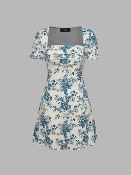 Cider - Square Neck Toile de Jouy Ruched Dress