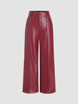 Cider - Faux Leather Solid High Waist Wide Leg Trousers