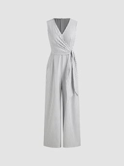 Cider - Cotton-blend V-neck Striped Knotted Wide Leg Jumpsuit