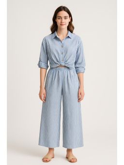 Cider - Cotton-blend Collar Solid Striped Knotted Roll-up Sleeve Jumpsuit