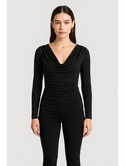 Cider - Cowl Neck Solid Ruched Long Sleeve Tee