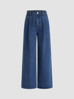 Cider - Denim High Waist Pleated Wide Leg Jeans