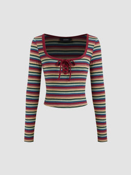 Cider - Cotton-blend Square Neck Striped Lace Up Knotted Long Sleeve Tee