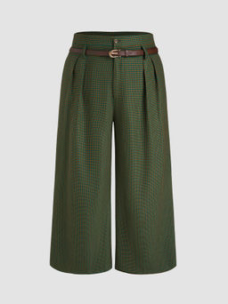 Cider - Houndstooth Mid Waist Belted Wide Leg Trousers Curve & Plus