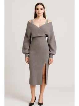 Cider - Knit Off-Shoulder Wrap Lace Split Dress