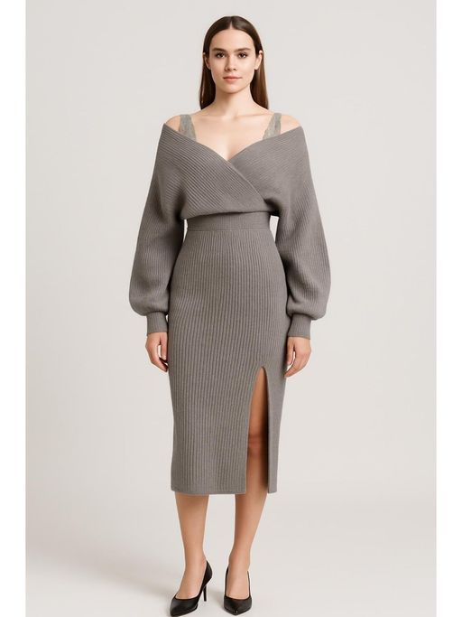 Buy Cider Knit Off-Shoulder Wrap Lace Split Midi Dress (XS) Online