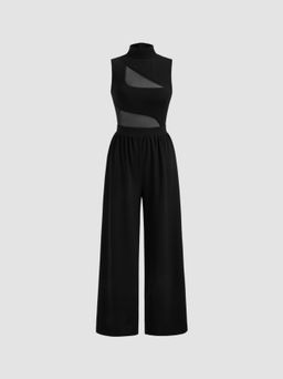 Cider - High Neck Solid Cut Out Patched Wide Leg Jumpsuit