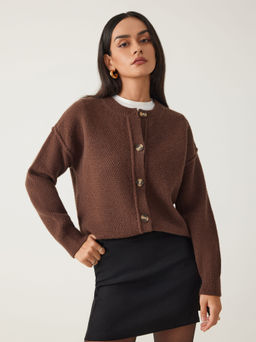 Cider - Knit Round Neckline Button Thick Cardigan