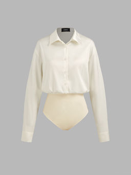 Cider - Satin Collar Solid Long Sleeve Blouse Bodysuit