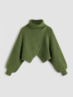 Cider - High Neck Solid Knitted Long Sleeve Crop Sweater