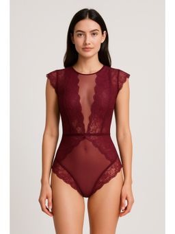 Cider - Lace Round Neckline Solid Cut Out See-through Bodysuit