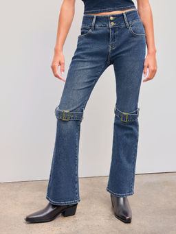 Cider - High Stretch Denim Mid Rise Solid Belted Flared Jeans