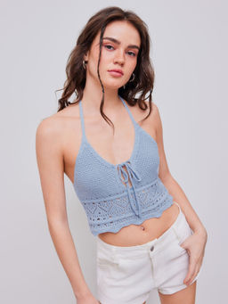Cider - Halter Knotted Lettuce Trim Crop Cami Top