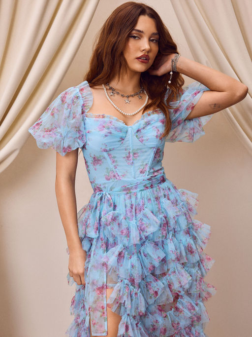 Buy Cider Mesh Sweetheart Floral Corset Detachable Layered Maxi Dress (S)  Online