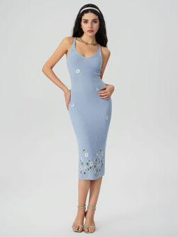 Cider - Knit V-neck Flower Graphic Embroidery Cami Dress
