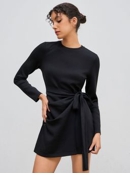 Cider - Round Neckline Knotted Wrap Dress