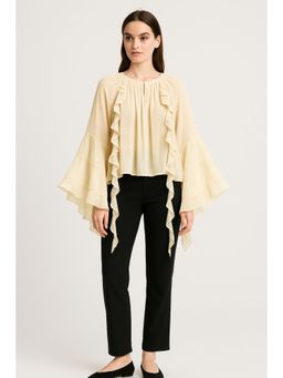 Cider - Chiffon Round Neckline Solid Ruffle Hem See-through Long Bell Sleeve Blouse