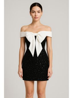 Cider - Sequin Off-shoulder Solid Bowknot Dress