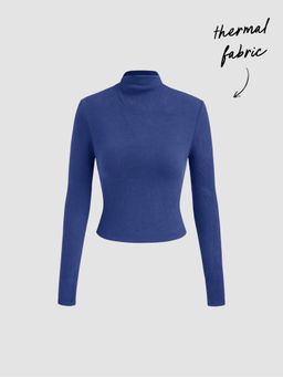 Cider - Thermal Cotton-blend Stand Collar Solid Long Sleeve Tee