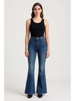 Cider - High Stretch Denim High Rise Solid Pocket Flared Jeans