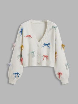 Cider - Knit V-neck Bowknot Button Cardigan