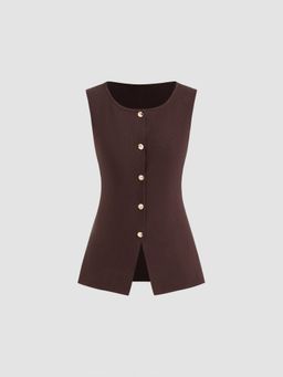 Cider - Knitted Boat Neck Solid Button Vest