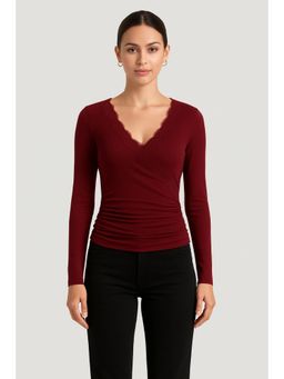 Cider - V-neck Solid Lace Trim Ruched Long Sleeve Top