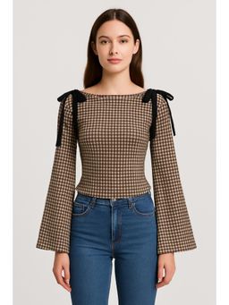 Cider - Boat Neck Gingham Bowknot Ruched Long Sleeve Top