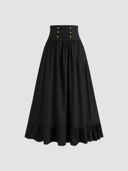 Cider - Mid Rise Solid Button Lace Up Ruffle Skirt