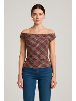 Cider - Off-shoulder Tartan Ruched Crop Top