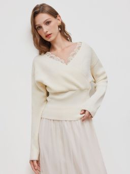 Cider - Knit V-neck Solid Lace Trim Wrap Long Sleeve Top