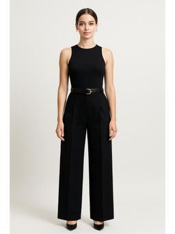 Cider - Round Neckline Solid Pocket Zipper Jumpsuit With Belt