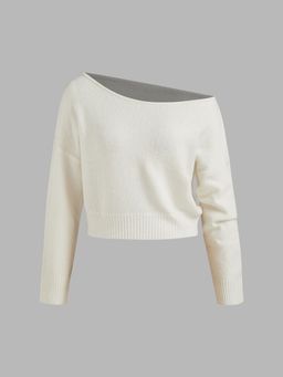 Cider - Knitted Boat Neck Solid Asymmetrical Long Sleeve Top