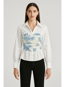 Cider - 100% Cotton V-neck Toile de Jouy Ruched Long Sleeve Blouse