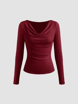 Cider - Jersey Cowl Neck Solid Ruched Long Sleeve Top