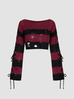 Cider - Knit Boat Neckline Striped Lace Up Ripped Crop Top