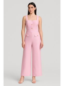 Cider - Square Neck Solid Button Wide Leg Jumpsuit
