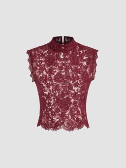 Cider - Lace Mandarin Collar Floral See-through Tank Top