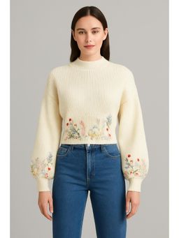 Cider - Knit High Neck Floral Embroidery Long Sleeve Crop Top
