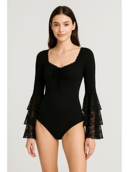 Cider - Rib Sweetheart Knotted Lace Layered Sleeve Bodysuit