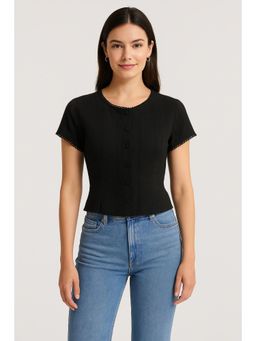 Cider - 100% Cotton Round Neckline Solid Button Lace Trim Short Sleeve Top