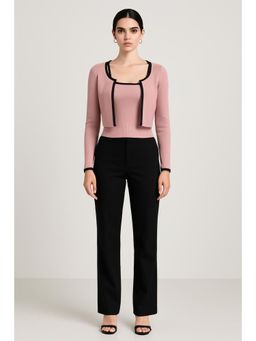 Cider - Knitted Round Neckline Solid Contrasting Binding Long Sleeve Top With Crop Cami Top
