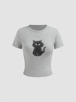 Cider - Cotton-blend Round Neckline Cat Short Sleeve Tee