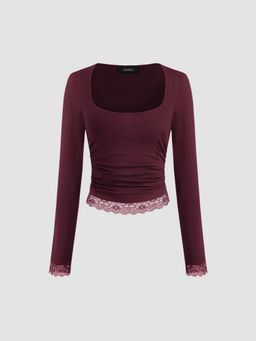 Cider - Square Neck Solid Lace Trim Ruched Long Sleeve Tee