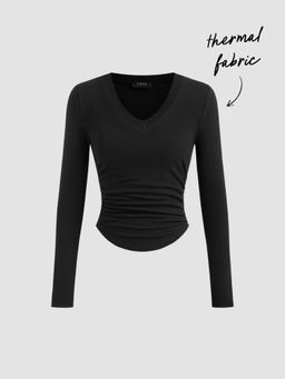 Cider - Thermal Cotton-blend V-neck Solid Ruched Long Sleeve Tee