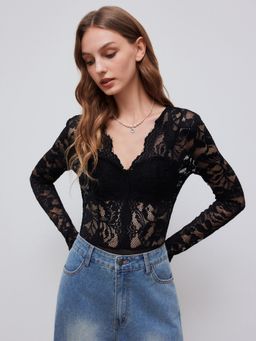 Cider - Lace Floral See Through Bodysuit