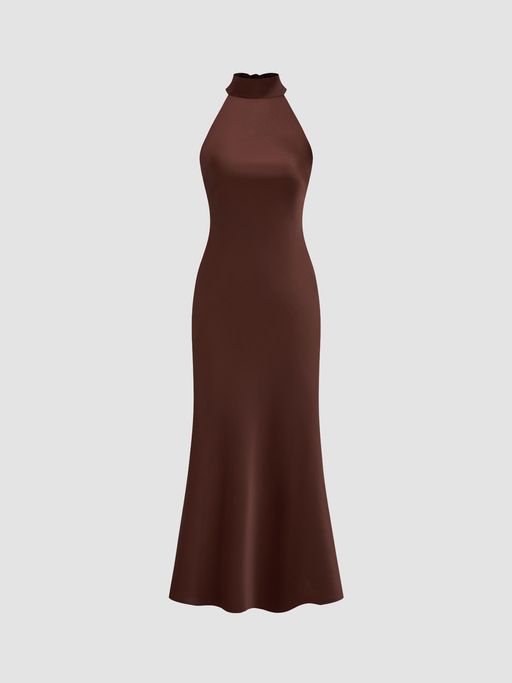 Buy Cider Satin Halter Neckline Backless Maxi Dress (XXS) Online