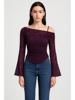 Cider - Lace Asymmetrical Neck Floral Curved Hem Long Sleeve Top