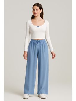 Cider - Cotton-blend Square Neck Bowknot Top & High Rise Striped Knotted Wide Leg Trousers